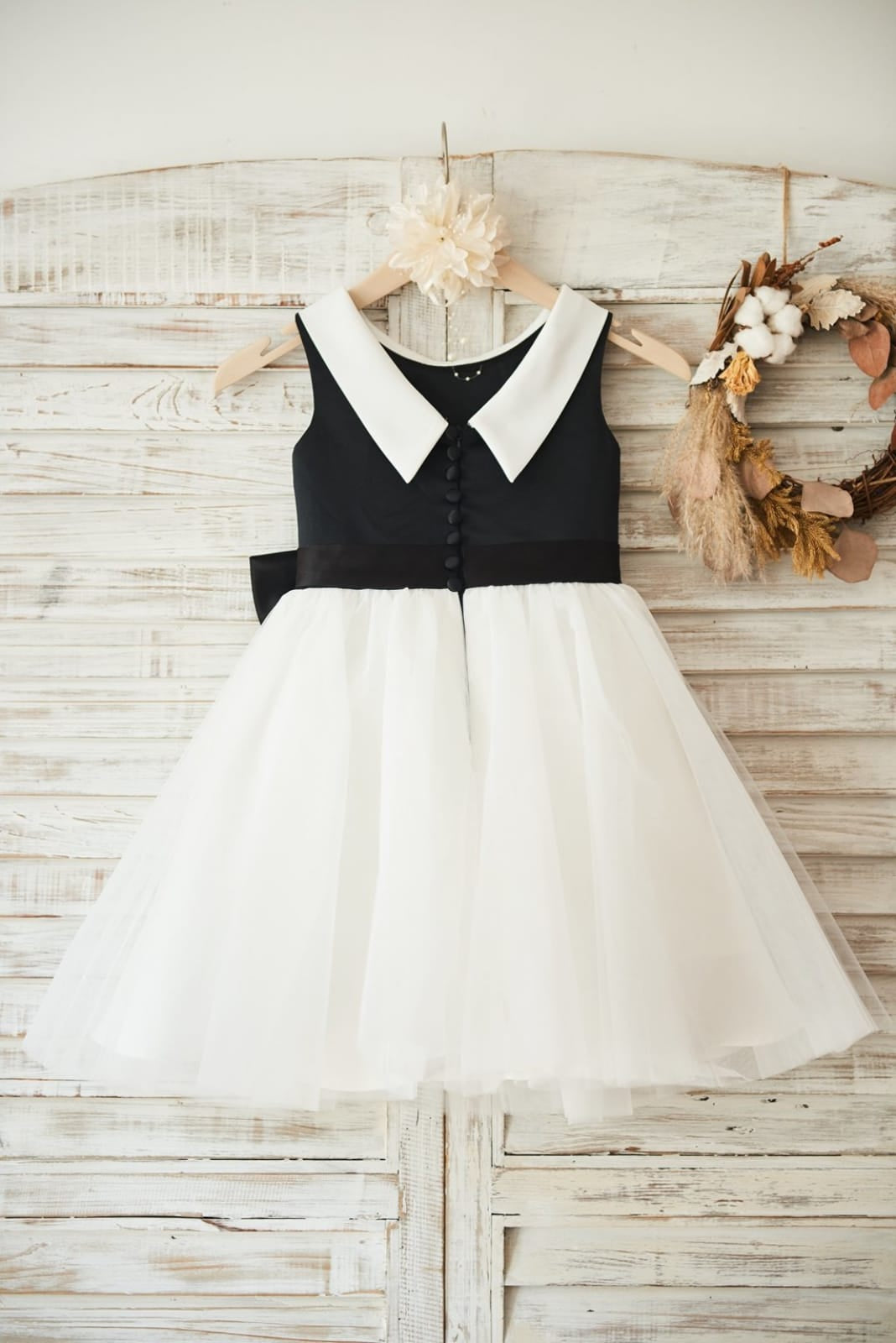 Satin Tulle Knee-length Black Flower Girl Dress