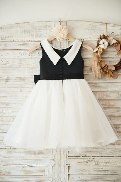 Satin Tulle Knee-length Black Flower Girl Dress