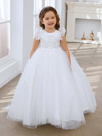 Ivory Princess Ball Gown with Lace Appliques and Tulle Court Train for Girls