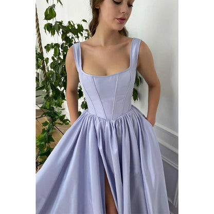 Double Straps Scoop High Split Satin A-line Long Prom Dress with Pockets