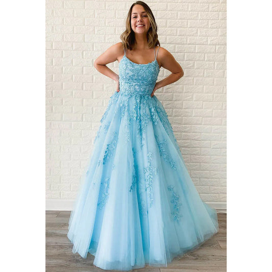 Sky Blue Tulle Appliques A-line Scoop Long Prom Dress