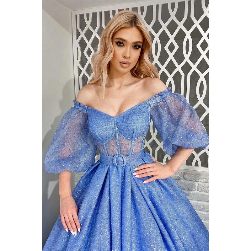 Unique Off The Shoulder Half Sleeves Sparkly Prom Ball Gown