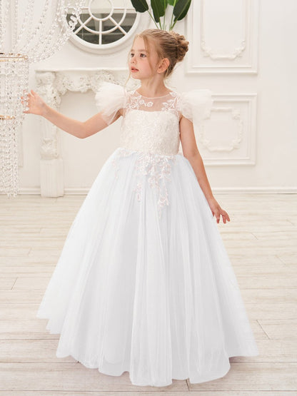 NumberSea - Detachable Lace Tulle Sweep Train Flower Girl Dress