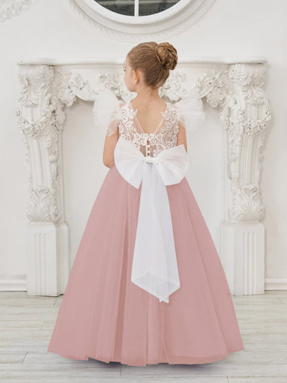 NumberSea - Detachable Lace Tulle Sweep Train Flower Girl Dress