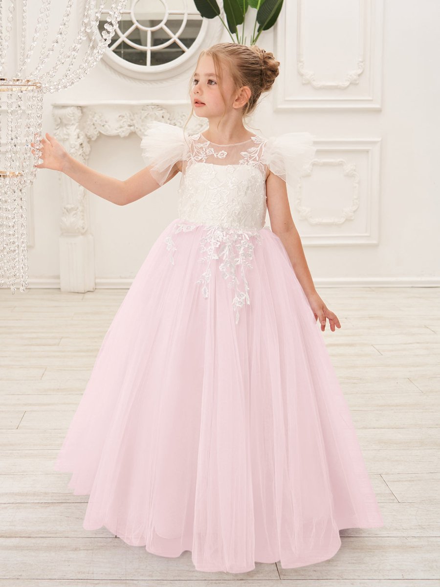 NumberSea - Detachable Lace Tulle Sweep Train Flower Girl Dress