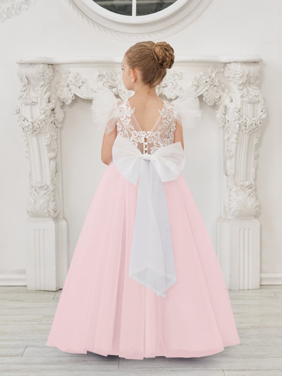 NumberSea - Detachable Lace Tulle Sweep Train Flower Girl Dress