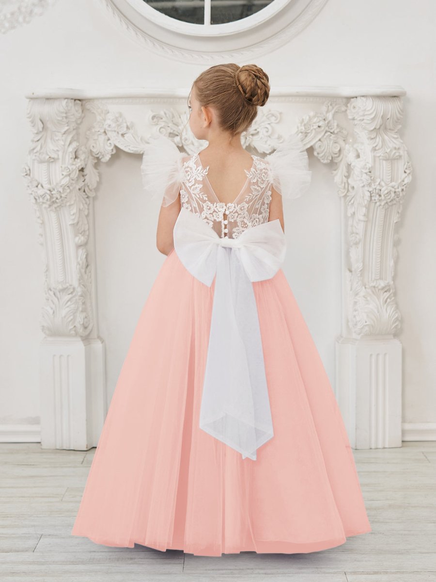 NumberSea - Detachable Lace Tulle Sweep Train Flower Girl Dress