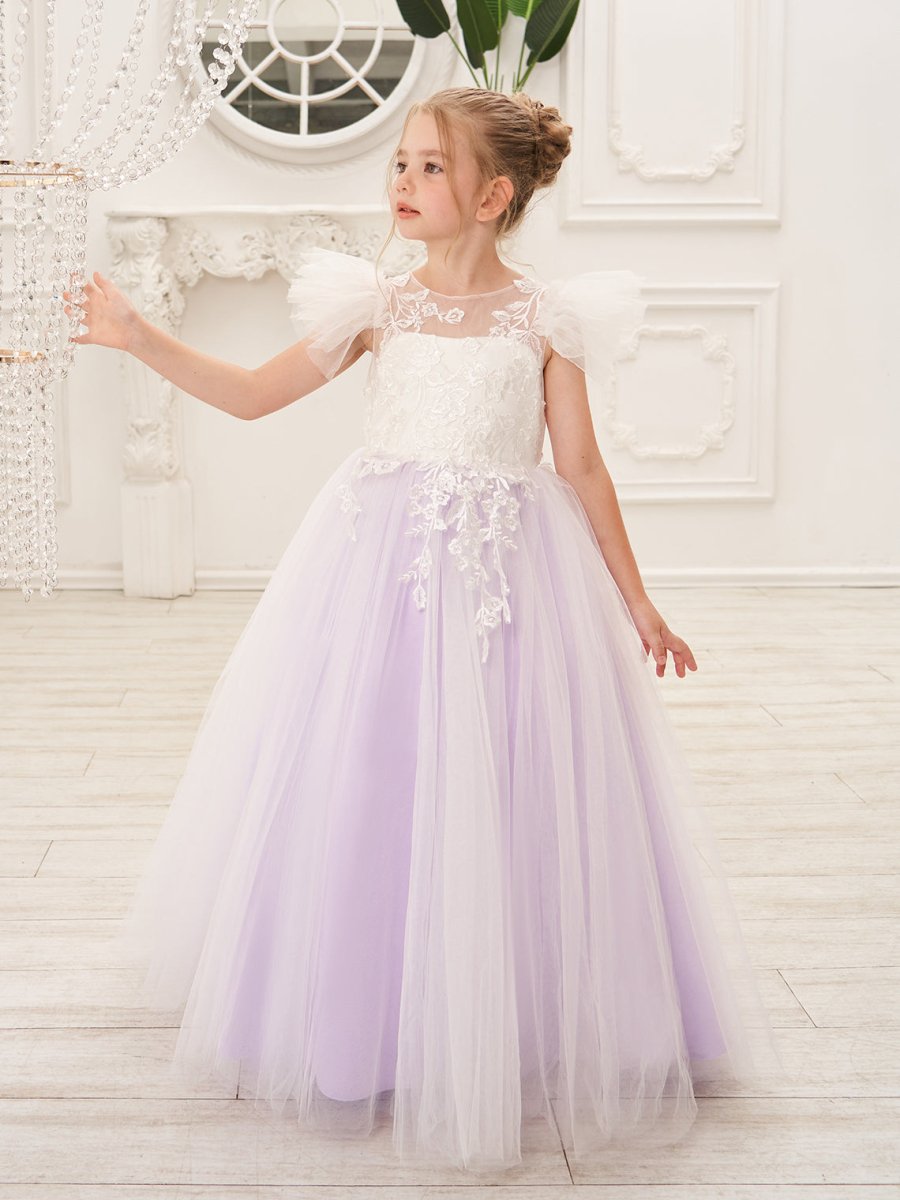 NumberSea - Detachable Lace Tulle Sweep Train Flower Girl Dress