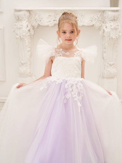 NumberSea - Detachable Lace Tulle Sweep Train Flower Girl Dress