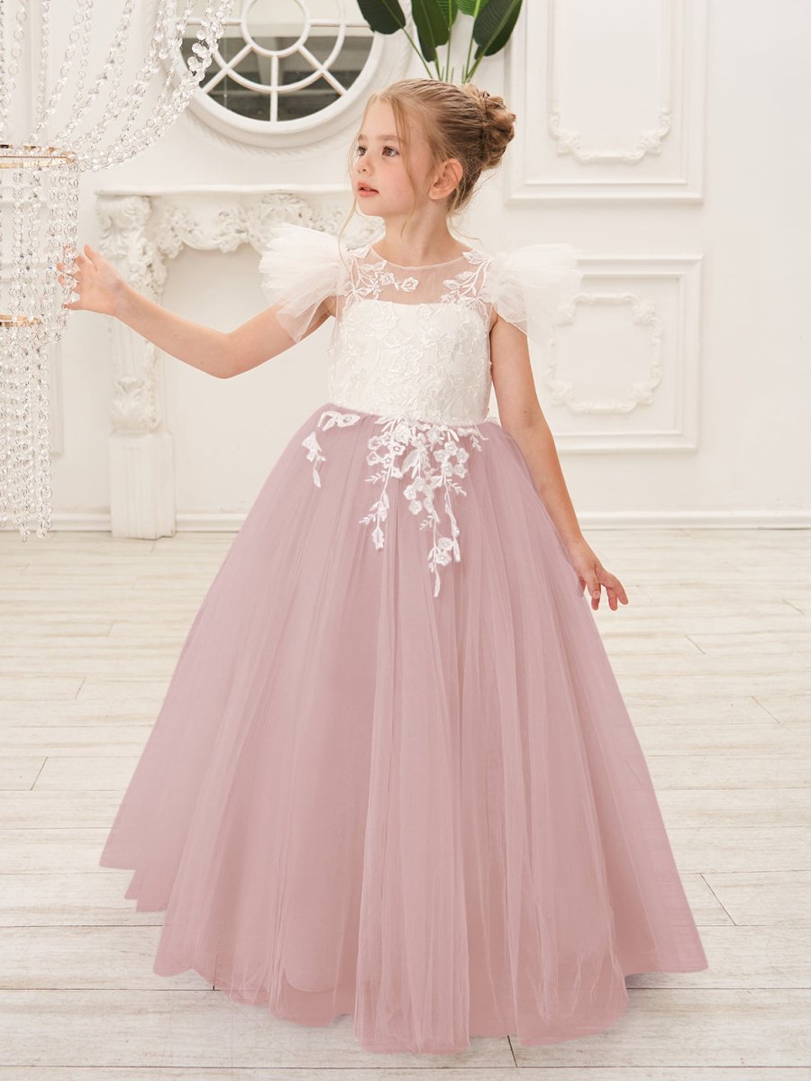 NumberSea - Detachable Lace Tulle Sweep Train Flower Girl Dress