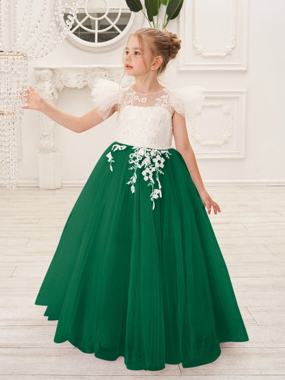 NumberSea - Detachable Lace Tulle Sweep Train Flower Girl Dress