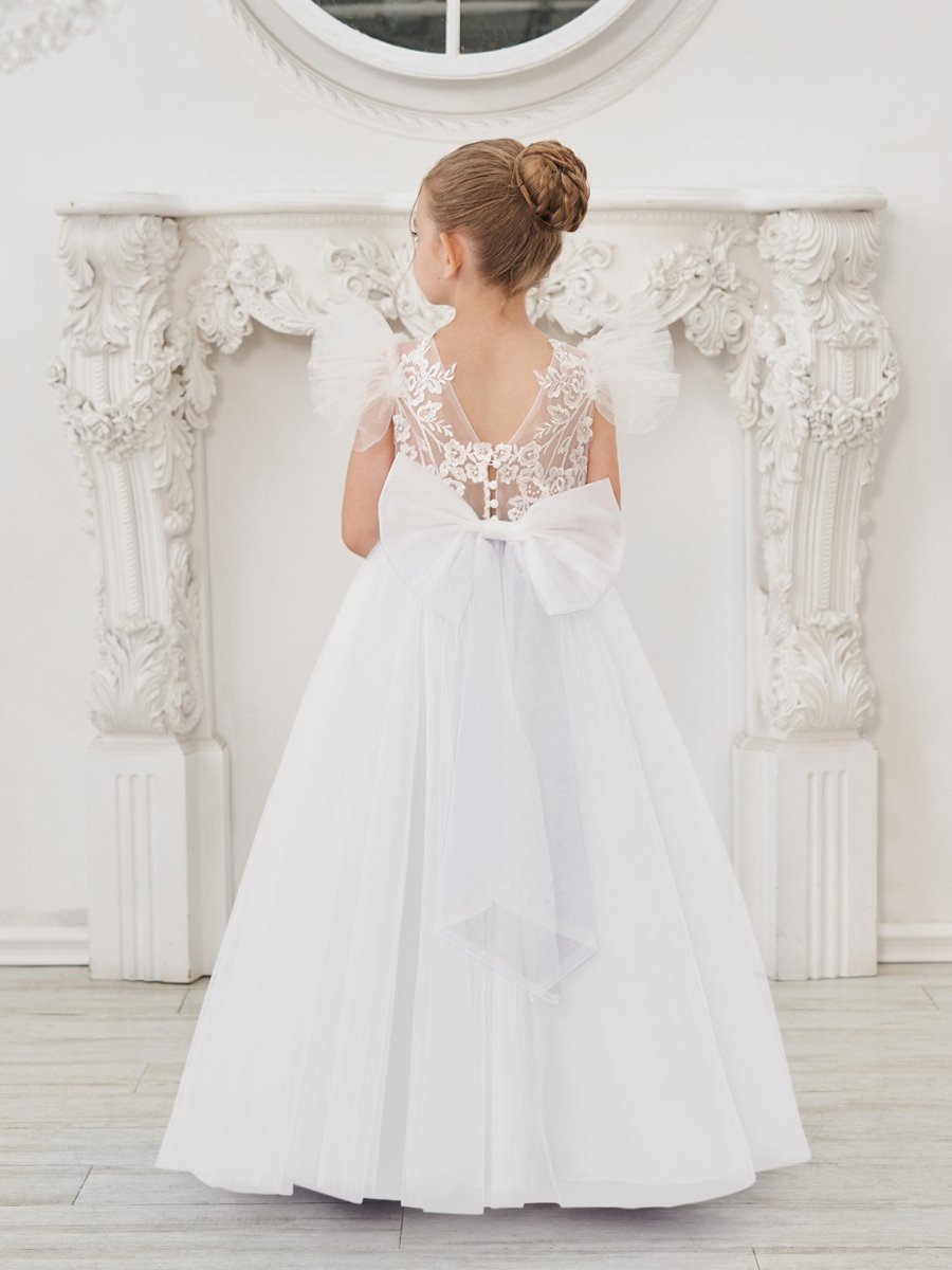 NumberSea - Detachable Lace Tulle Sweep Train Flower Girl Dress