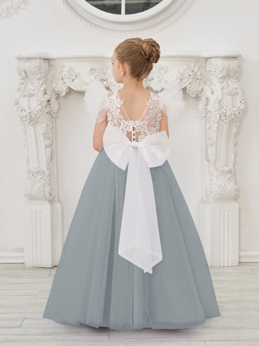 NumberSea - Detachable Lace Tulle Sweep Train Flower Girl Dress