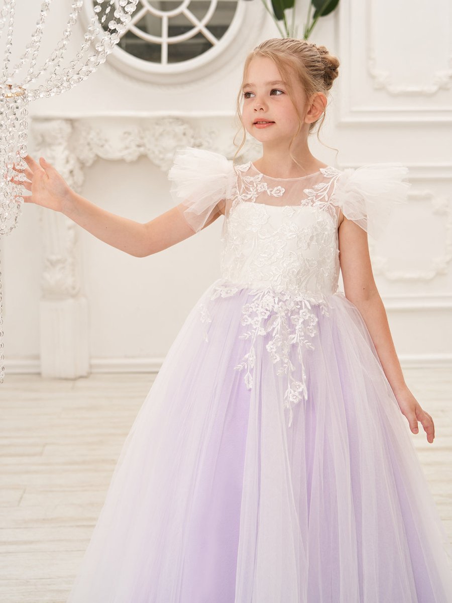 NumberSea - Detachable Lace Tulle Sweep Train Flower Girl Dress