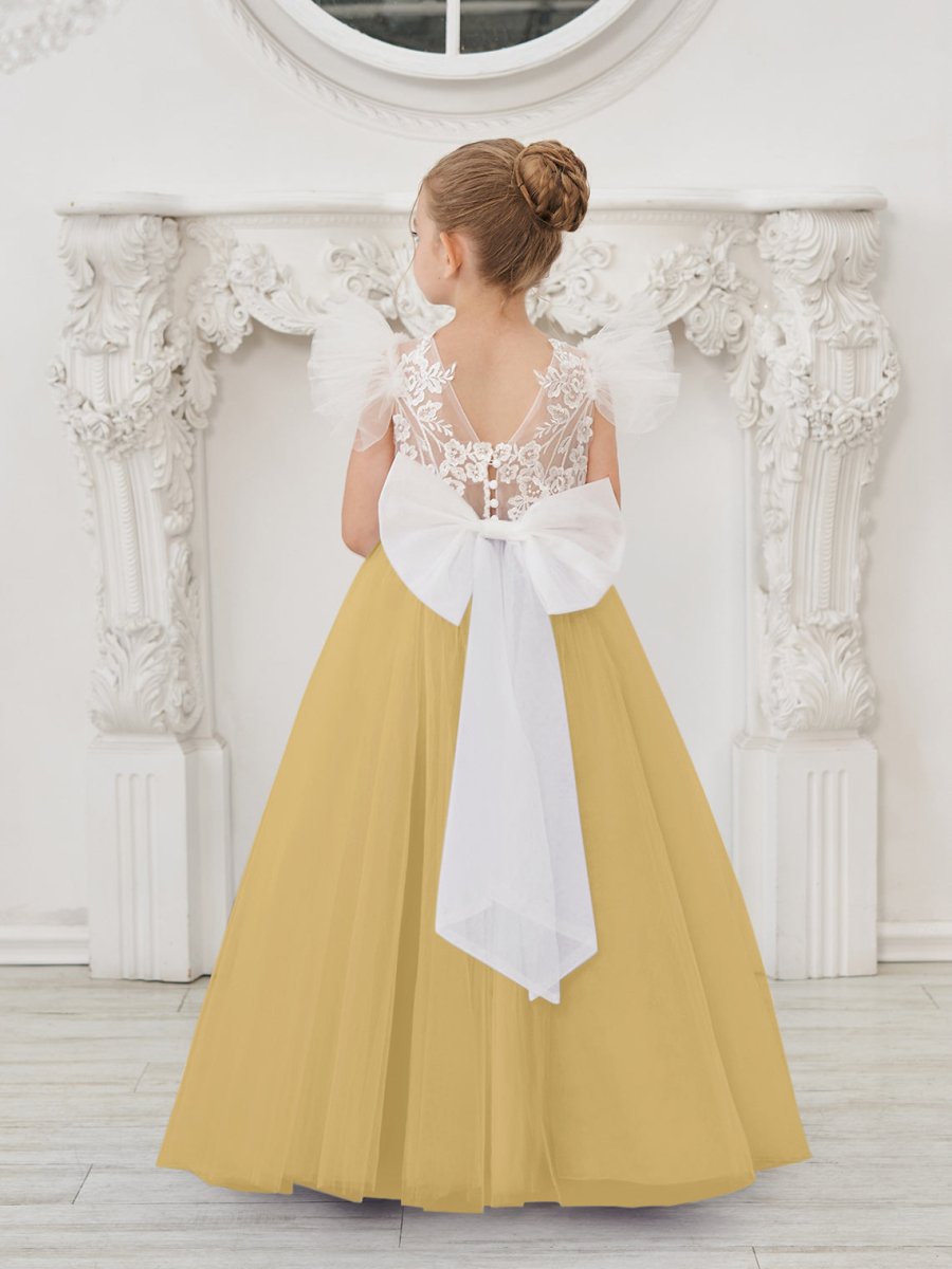 NumberSea - Detachable Lace Tulle Sweep Train Flower Girl Dress