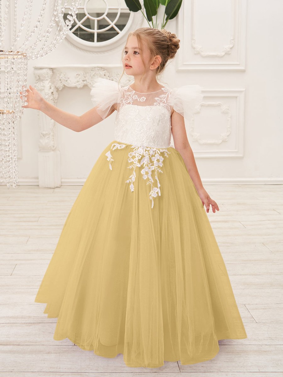 NumberSea - Detachable Lace Tulle Sweep Train Flower Girl Dress