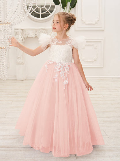 NumberSea - Detachable Lace Tulle Sweep Train Flower Girl Dress