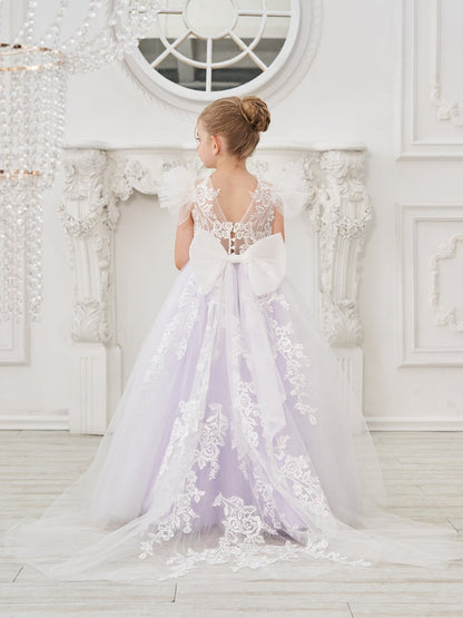 NumberSea - Detachable Lace Tulle Sweep Train Flower Girl Dress