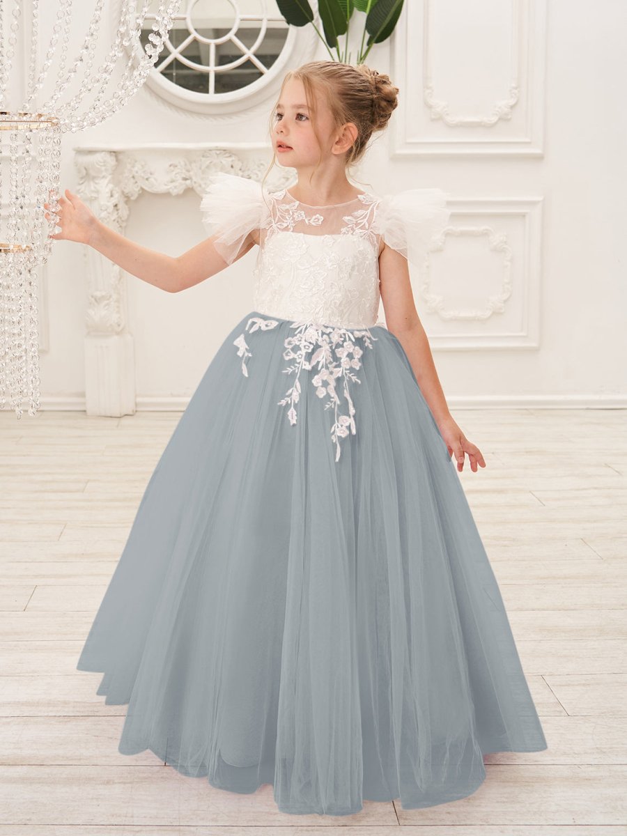 NumberSea - Detachable Lace Tulle Sweep Train Flower Girl Dress