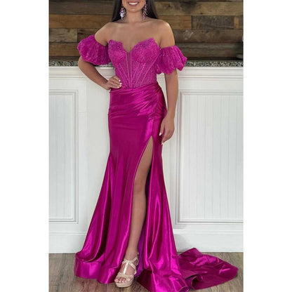 NumberSea - Detachable Puff Sleeves V - neck Appliques with Side Slit Prom Evening Dress