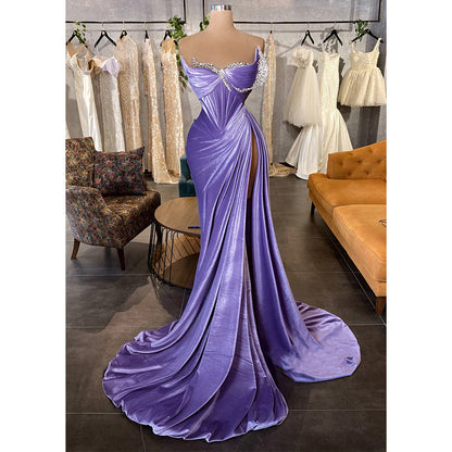 Velvet Purple Beaded Strapless Pleats Long Prom Dress with Slit Evening Gowns