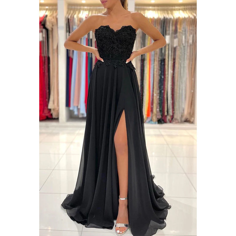 Sheath/Column Strapless Chiffon Appliques Backless Sleeveless Prom Dress