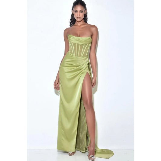 Strapless Satin Pleated Split Long Prom Dress Green Bridesmaid Dress