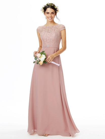 Sheath / Column Bridesmaid Dress Bateau Neck Short Sleeve Elegant Floor Length Chiffon / Lace with Lace / Sash / Ribbon / Bow(s)