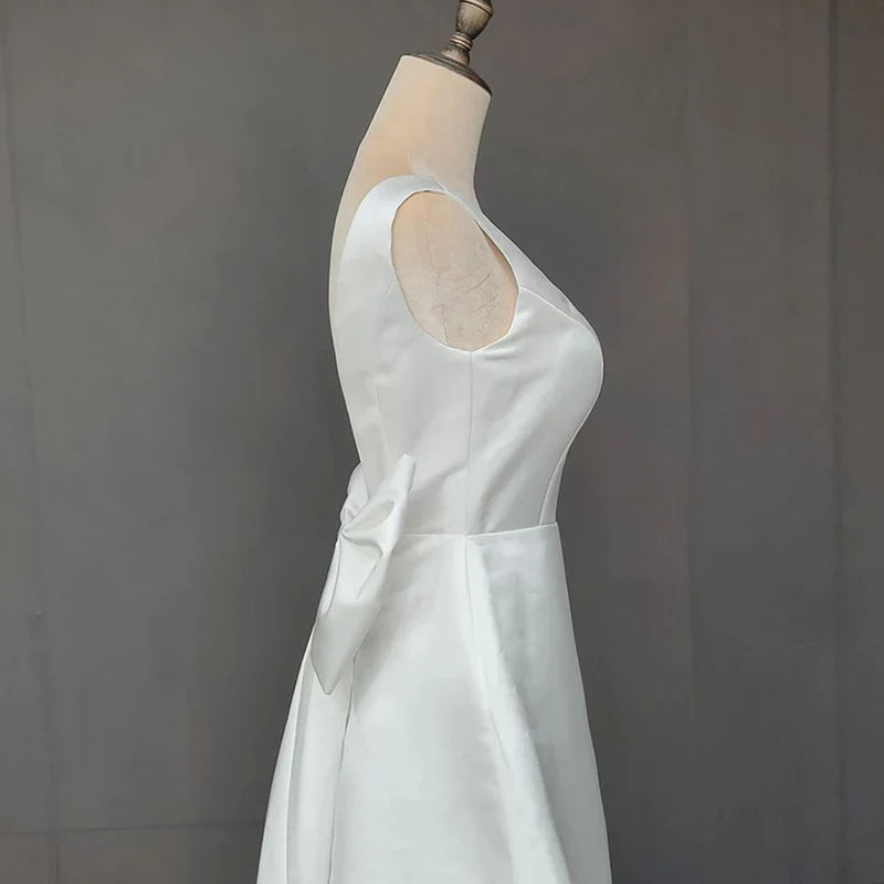 Wedding Dress A-Line Satin V-Neck Short with Large Bow