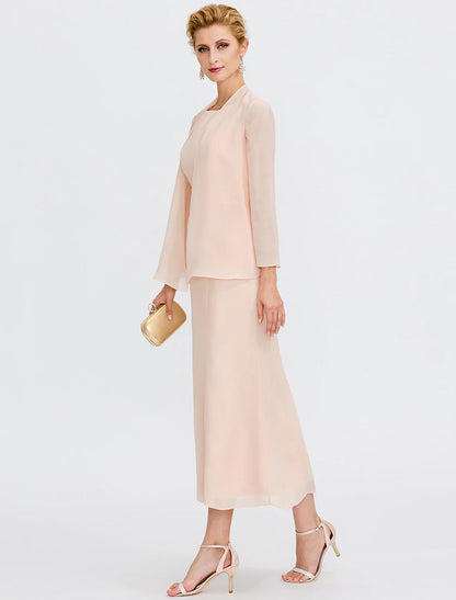 Two Piece Sheath / Column Mother of the Bride Dress Wedding Guest Plus Size Elegant with Jacket Long Sleeve Scoop Neck Tea Length Chiffon Sash / Ribbon Pleats Beading