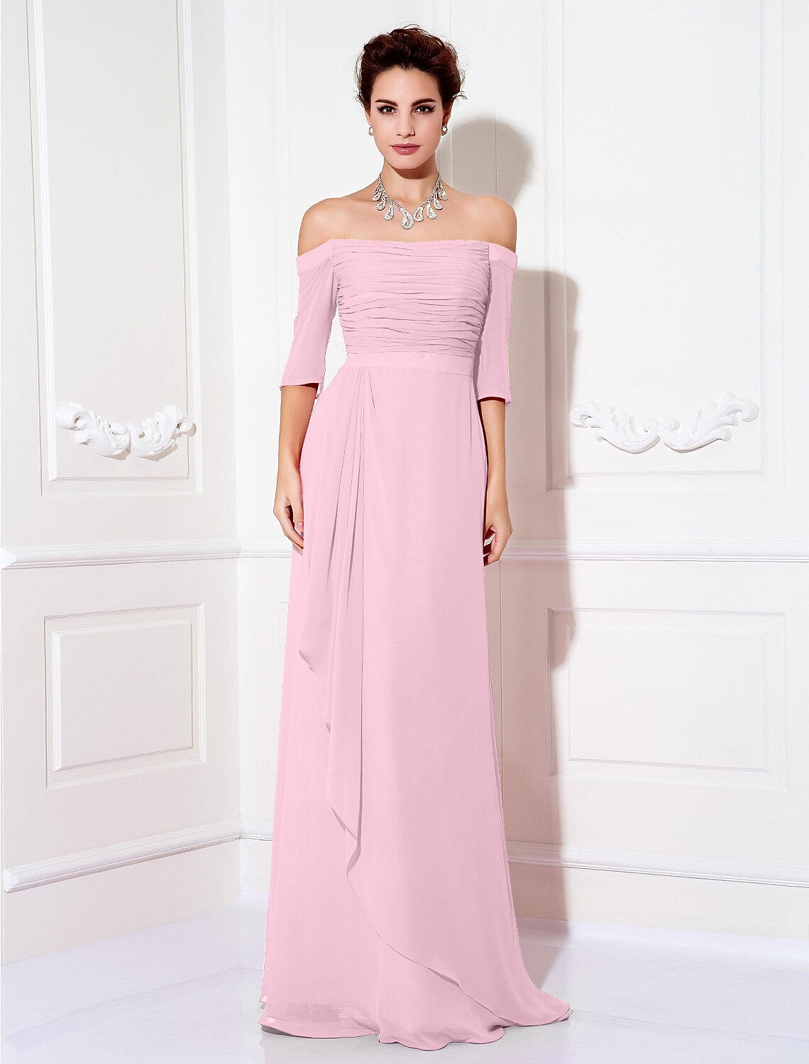 Sheath / Column Minimalist Dress Wedding Guest Sweep / Brush Train Half Sleeve Off Shoulder Chiffon with Ruched Draping