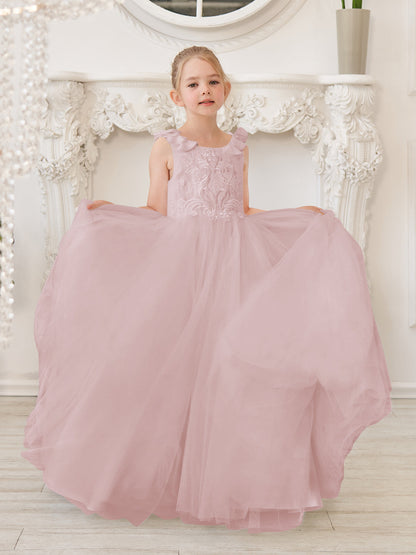 Elegant White Tulle Flower Girl Dress with Sweep Train