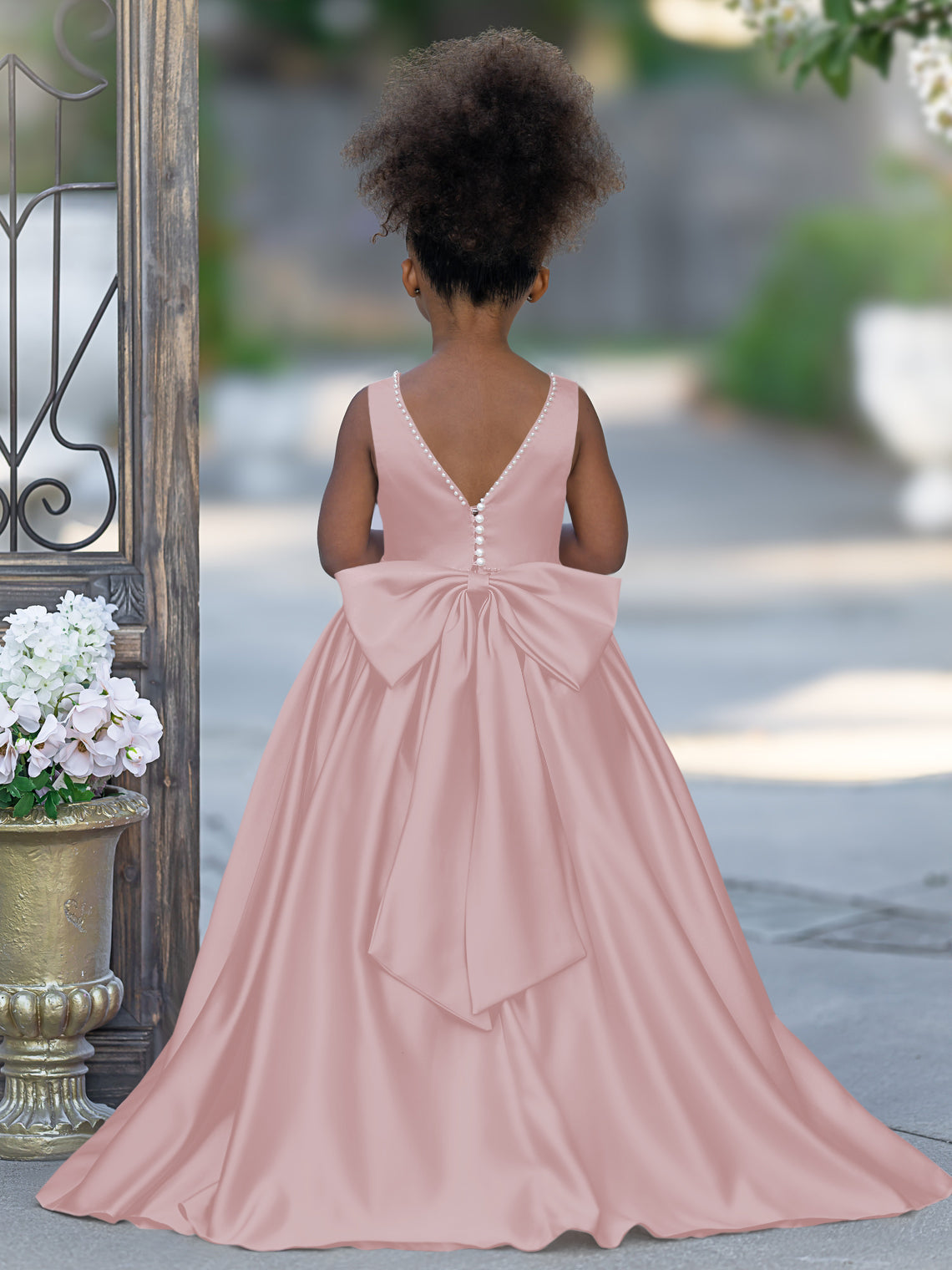 Pink Sleeveless Satin Beaded Neckline and Bow Detail Dress