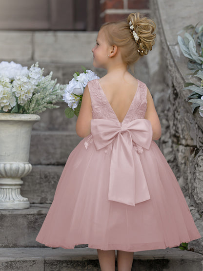 Sleeveless Lace Tulle Knee Length Flower Girl Dress