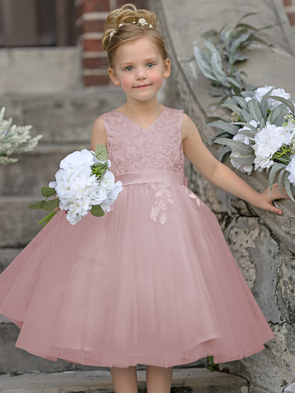 Sleeveless Lace Tulle Knee Length Flower Girl Dress