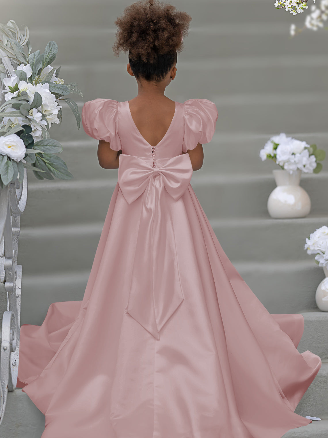 Puff Sleeve Bow Button Back Sweep Train Flower Girl Dress