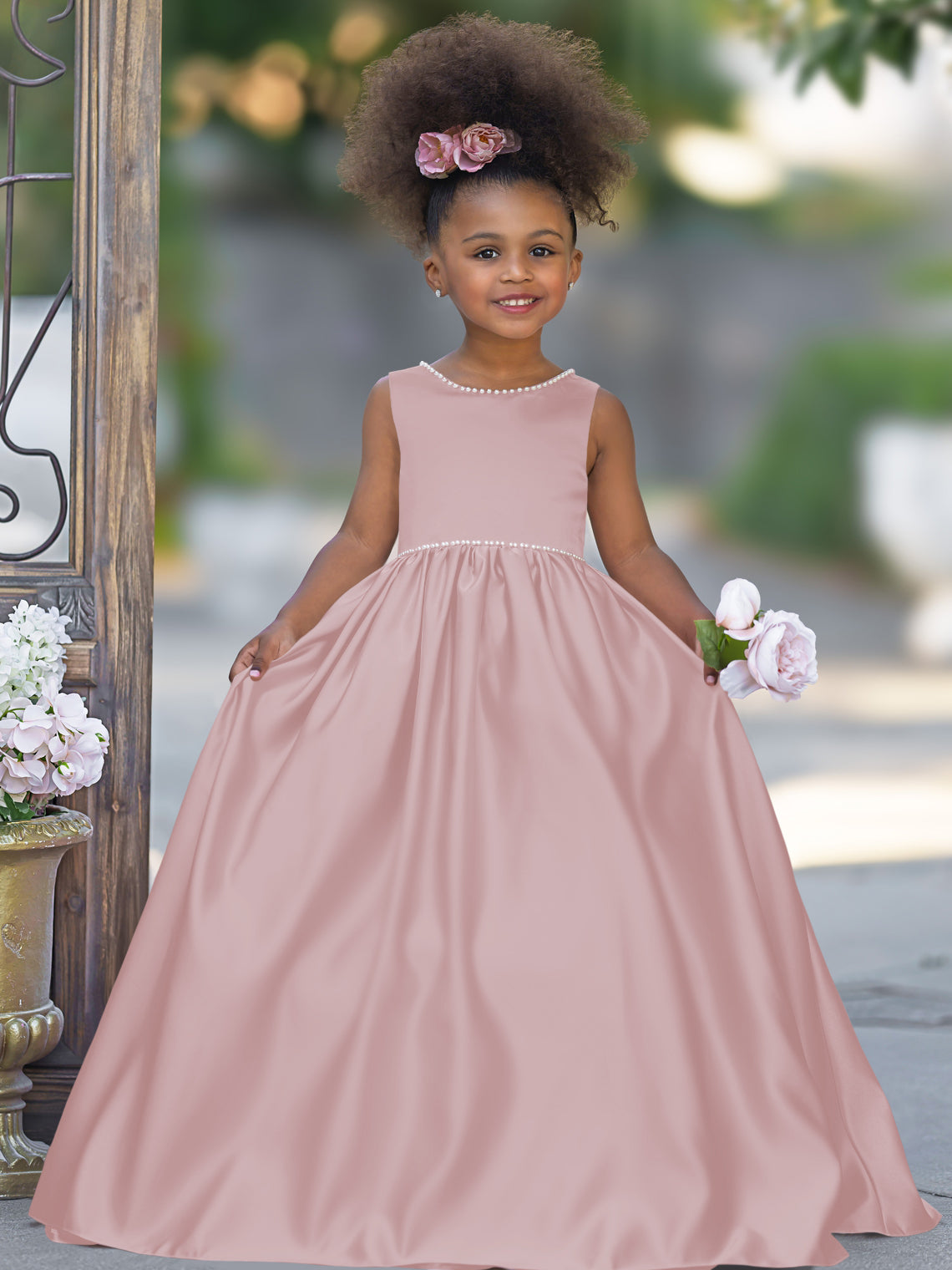 Pink Sleeveless Satin Beaded Neckline and Bow Detail Dress