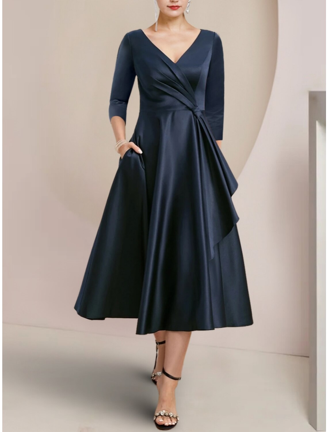 Numbersea A-Line Mother of the Bride Dress Wedding Guest Elegant Petite V Neck Tea Length Satin 3/4 Length Sleeve with Ruching Solid Color