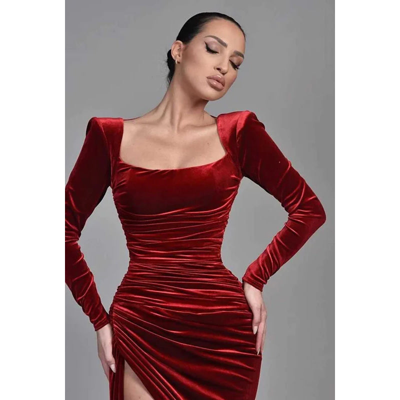 Square Neck Long Sleeves Velvet Long Prom Evening Dress With Slit