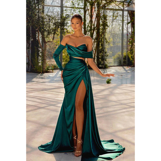 Sheath/Column Strapless Ruched Split Long Sleeves Evening Formal Dress