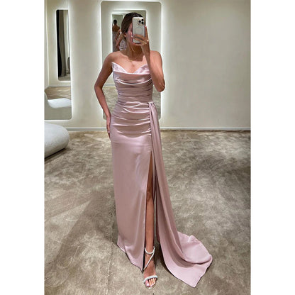 Sheath/column Strapless Satin Pleats Long Formal Evening Gowns