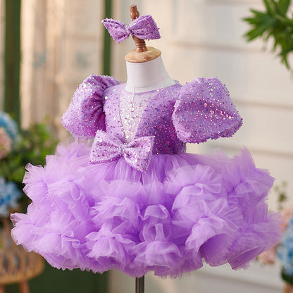 Sequins Tulle Knee-length 1st Birthday Party Baby Girl Dress