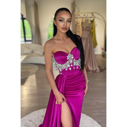 Sweetheart Strapless Beaded Ruched Satin Sheath Long Evening Prom Dress