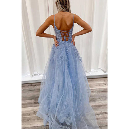 V-neck Spaghetti Straps Appliques Tulle A-line Prom Dress