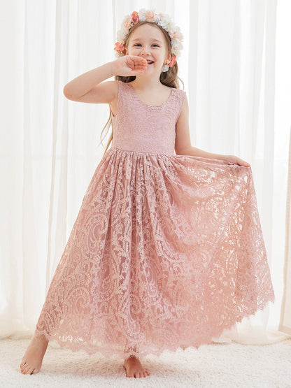 Girl Paisley Lace Back A-Line Straight Tutu Tulle Party Flower Girl Dress