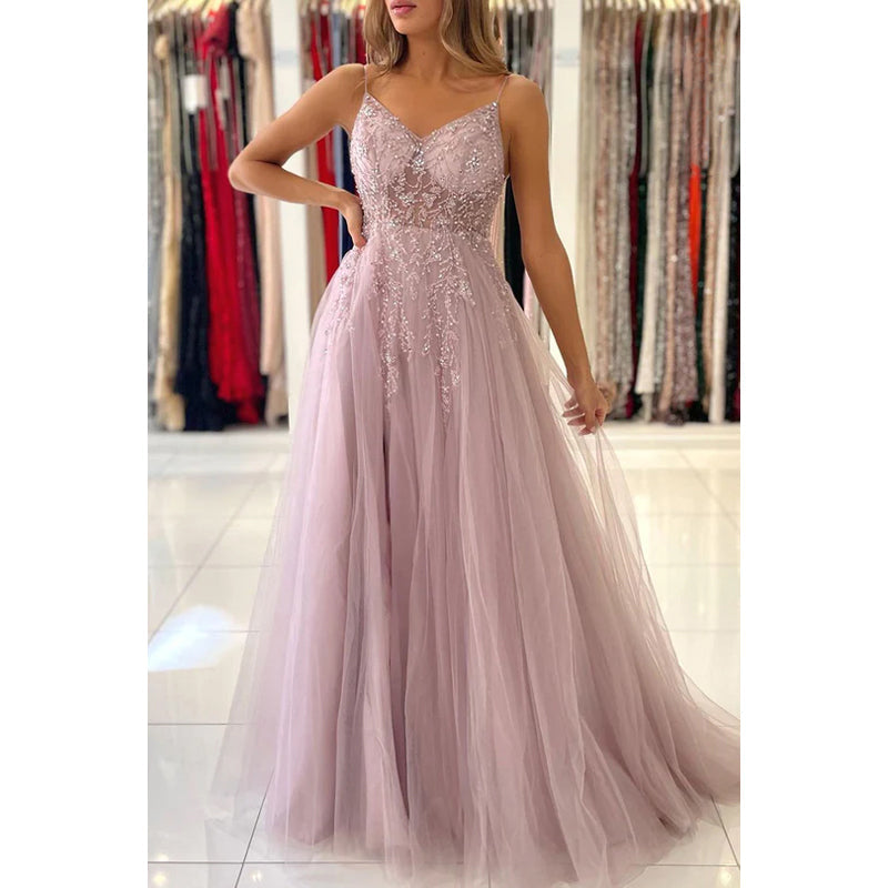 Elegant Spaghetti Straps V-neck A-Line Slit Tulle Formal Prom Dress with Applique