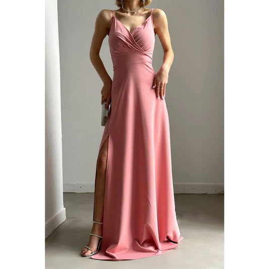 Simple A-line Sexy V-neck Straps Long Prom Party Dress with Slit