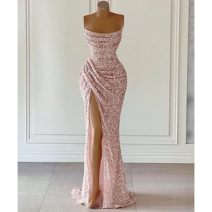 Unique Scoop Pleats Side Slit Long Prom Formal Dress