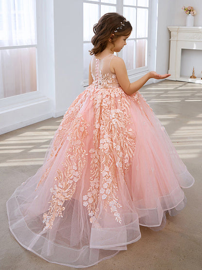 Pink Princess Ball Gown for Girls with Lace Appliqués