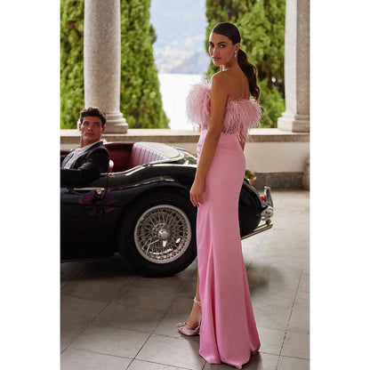 Strapless Feather Sheer Ruched Sheath Long Prom Formal Gown